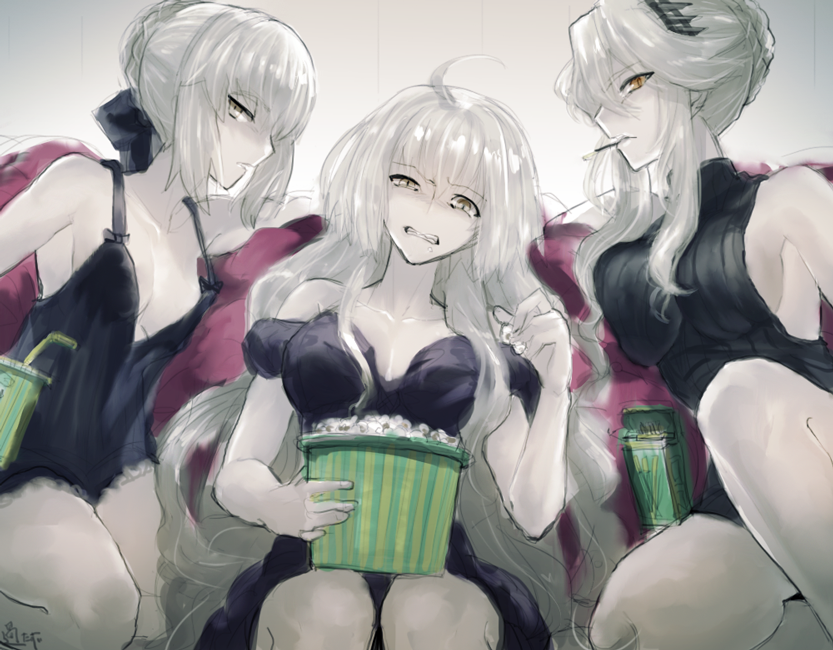 3girls, artoria_pendragon_alter_(fate/grand_order), ayamatazu, bare_shoulders, black_dress, breasts, cleavage, clenched_teeth