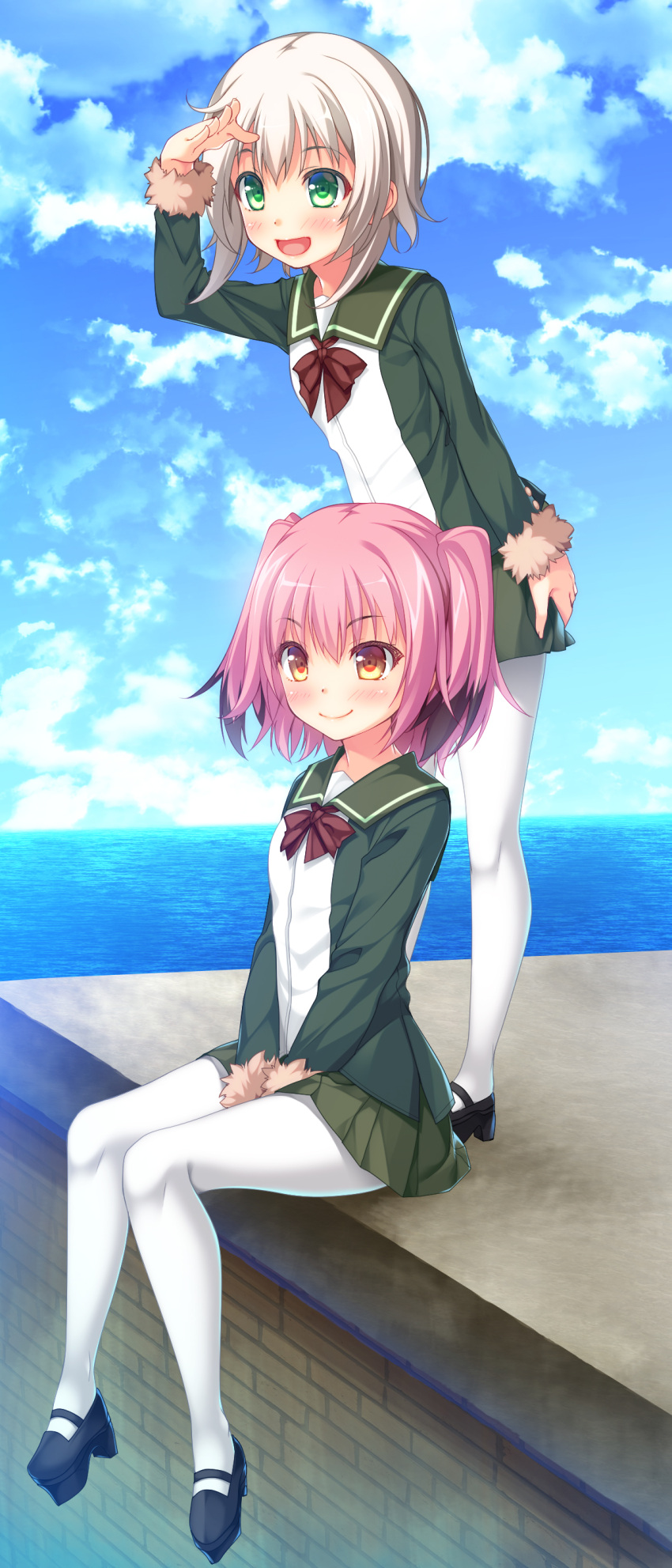 2girls, :d, absurdres, bangs, black_hair, blue_sky, clouds, cloudy_sky