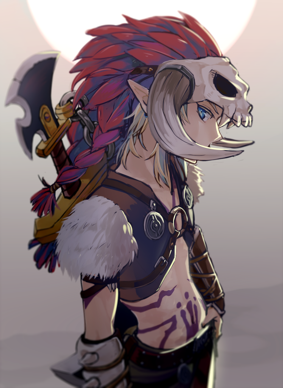 1boy, axe, barbarian, blonde_hair, blue_eyes, blurry, bodypaint, chains