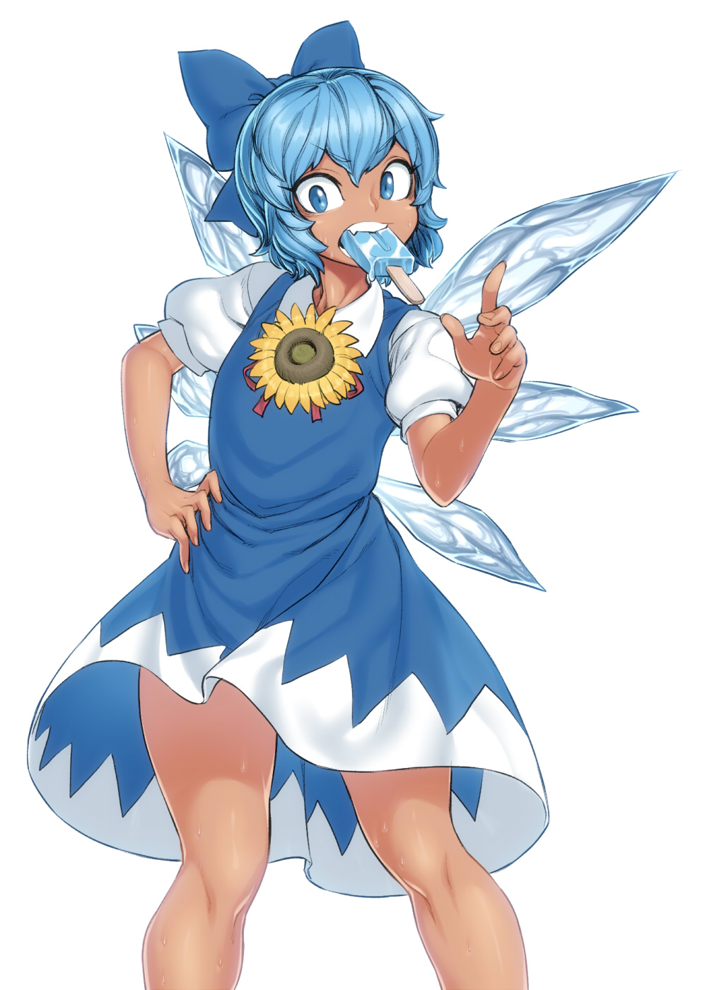 1girl, blue_dress, blue_eyes, blue_hair, cirno, dress, fang, flower