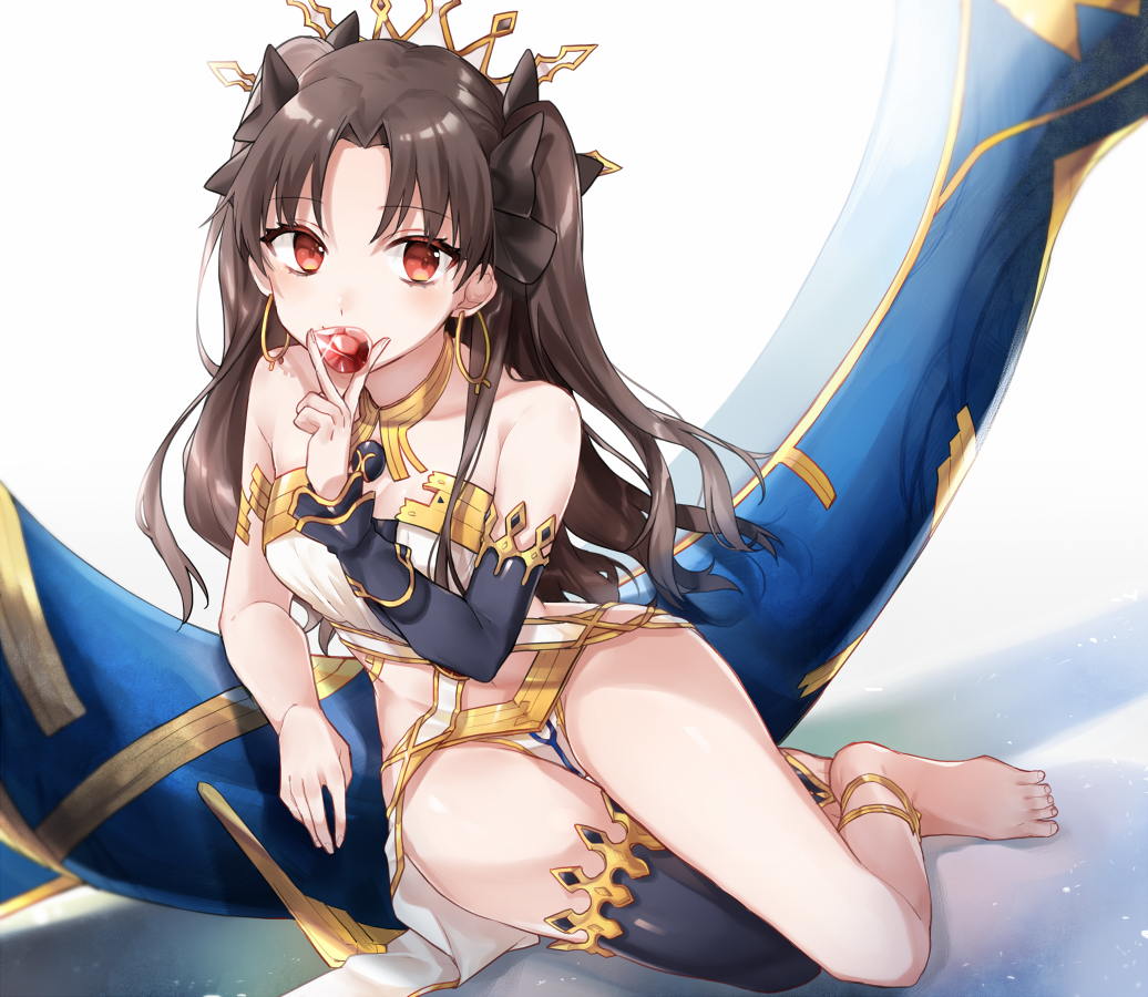 1girl, bangs, bare_shoulders, barefoot, black_hair, black_legwear, black_ribbon, crystal