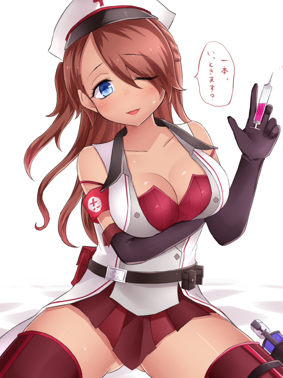 1girl, armband, blue_eyes, breast_hold, breasts, brown_hair, bustier, cleavage