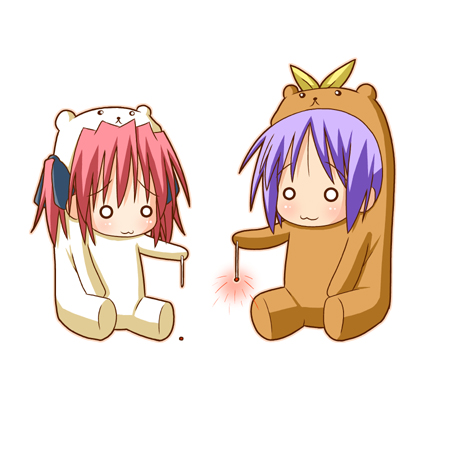 :3, animal_costume, bear_costume, bear_tsukasa, bear_yutaka, capybara-san, chibi, fireworks, hiiragi_tsukasa, kobayakawa_yutaka, lowres, lucky_star, minami_(colorful_palette), multiple_girls, o_o, purple_hair, red_hair, redhead, senkou_hanabi, short_hair, simple_background, sitting, sparkler, sparklers