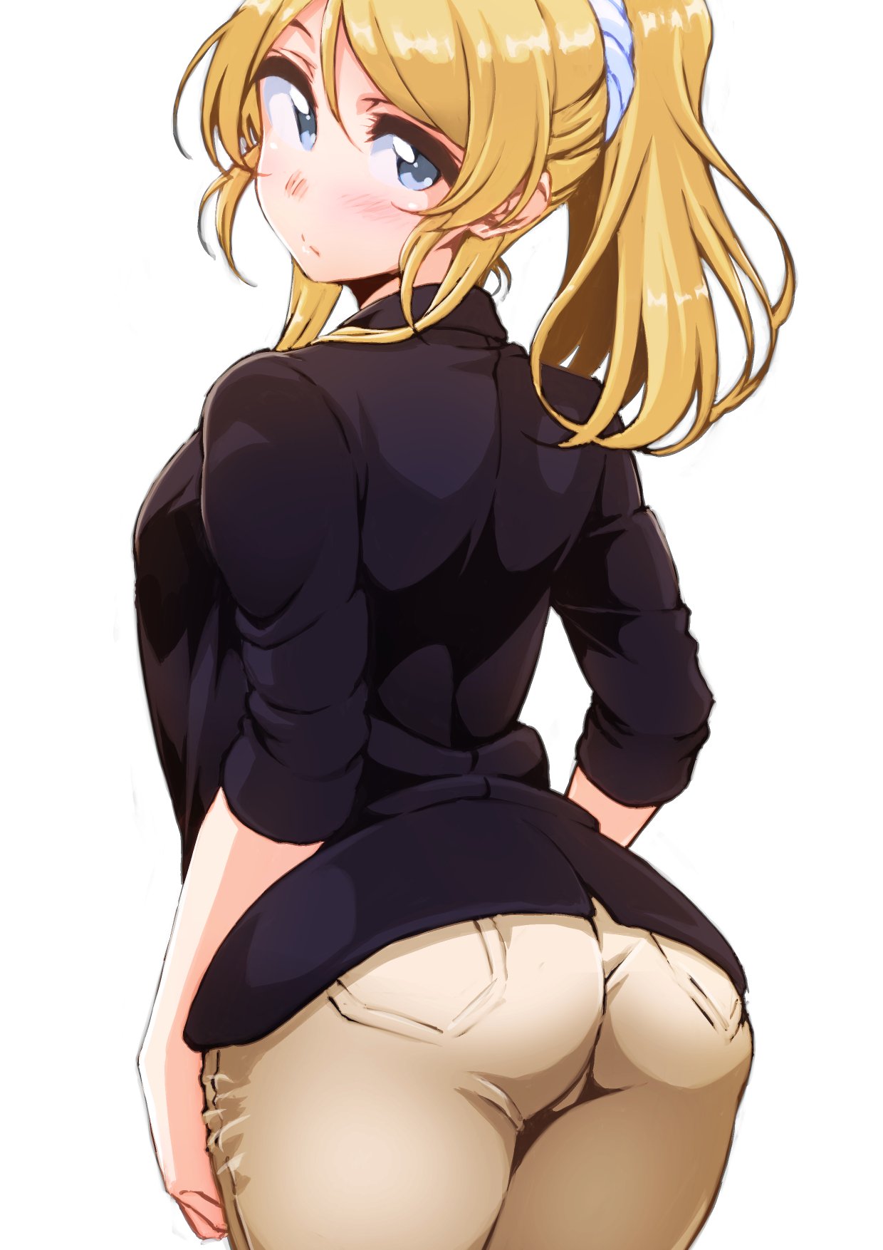 1girl, arched_back, ass, ayase_eli, ayumu-k, blonde_hair, blue_eyes, blush