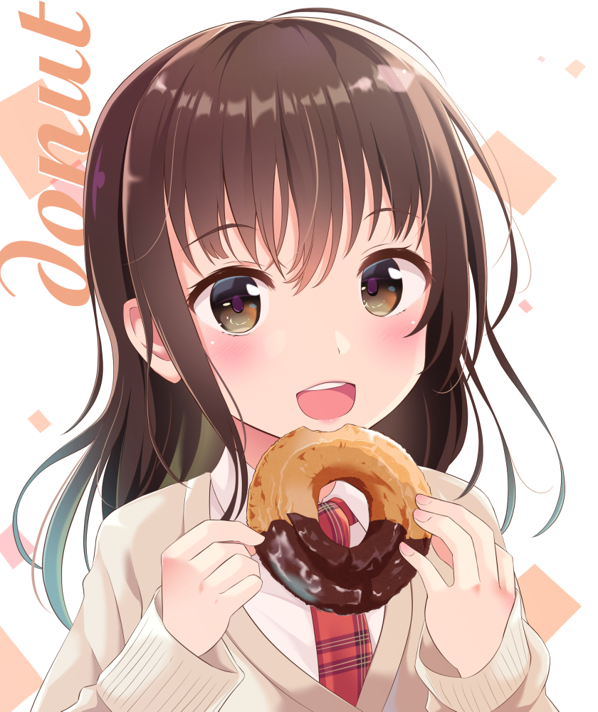 1girl, :d, bangs, black_eyes, blazer, blush, brown_hair, choco_fashion