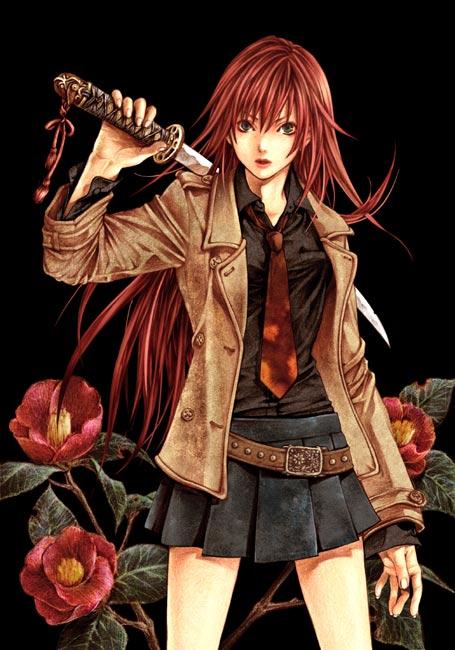 coat, flower, katana, skirt, stylish, sword, necktie, weapon