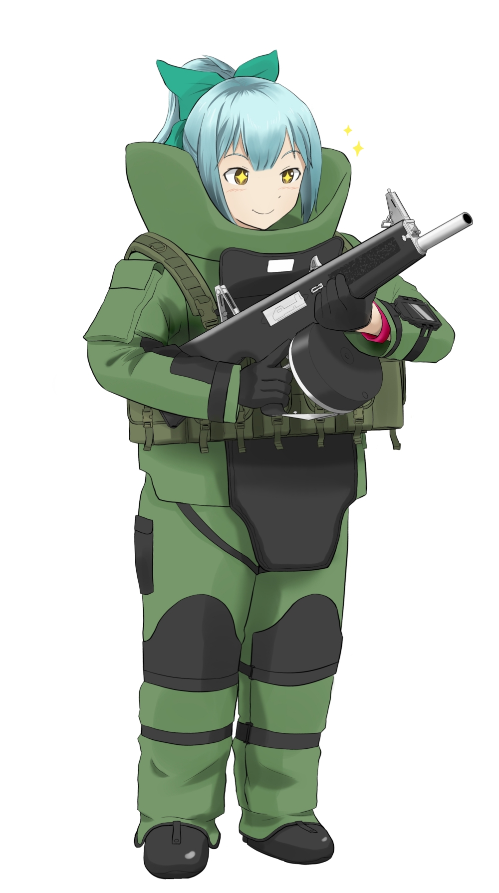 1girl, bomb_suit, green_hair, gun, highres, kantai_collection, maaranto, military