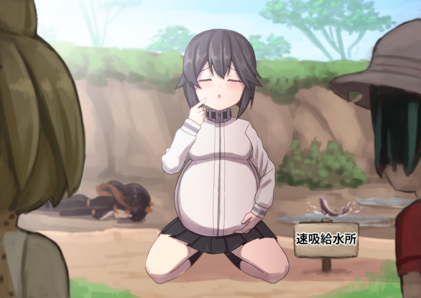 3girls, animal_ears, big_belly, black_hair, black_skirt, blonde_hair, breasts, bucket_hat
