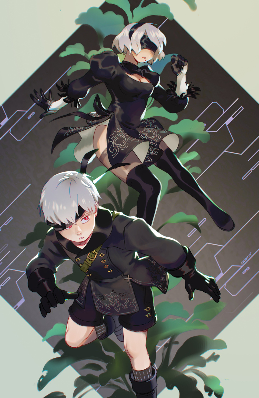 1boy, 1girl, absurdres, blindfold, chiou!, dress, highres, leaf