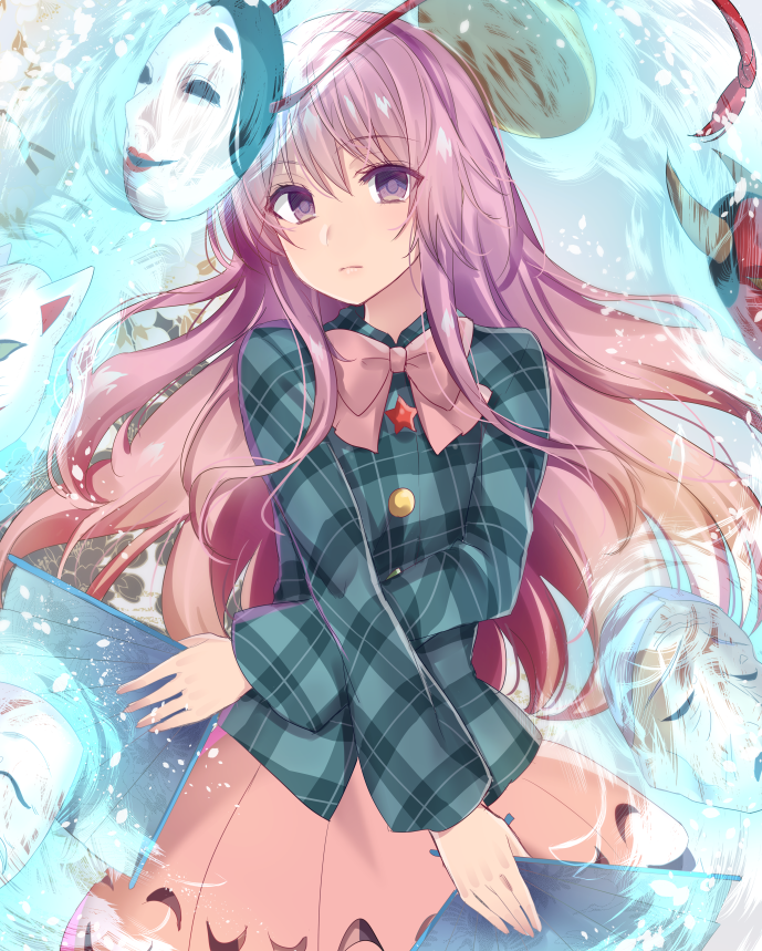 1girl, asa_(coco), aura, blouse, bubble_skirt, cowboy_shot, expressionless, fan