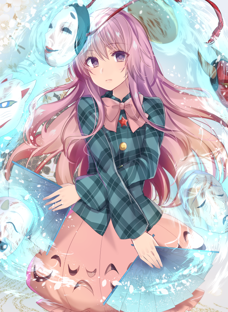 1girl, asa_(coco), aura, blouse, bubble_skirt, cowboy_shot, expressionless, fan