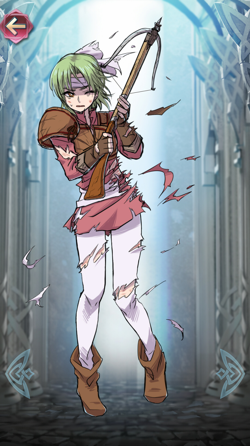 1boy, arrow, boots, bow_(weapon), crossbow, fake_screenshot, fingerless_gloves, fire_emblem
