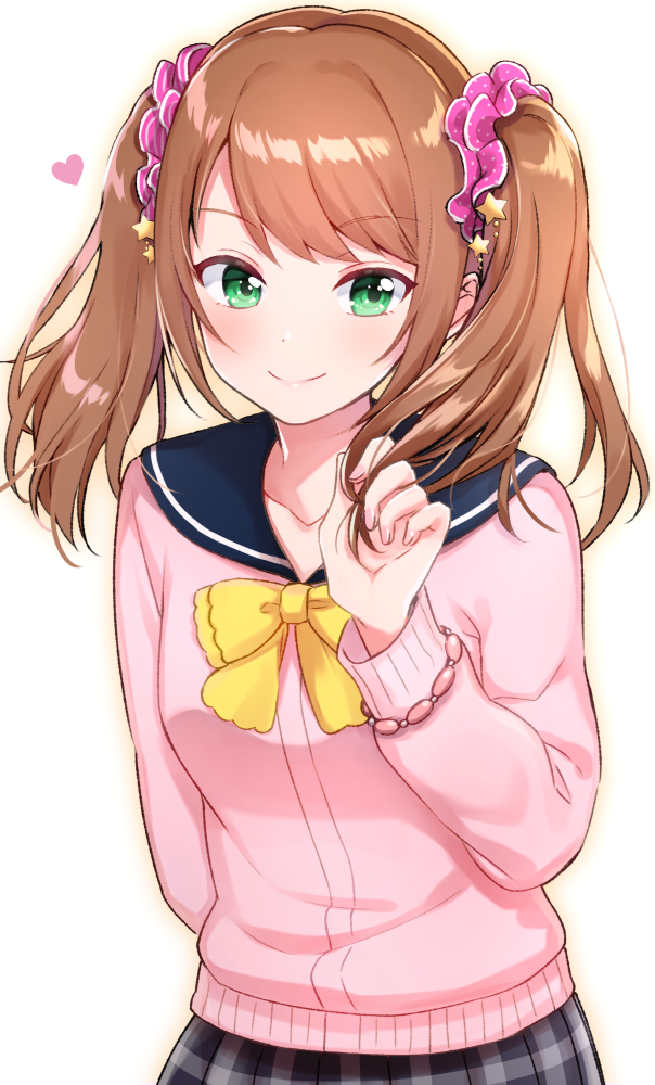 1boy, akariko_(akaringo), blush, brown_hair, crossdressinging, green_eyes, idolmaster, idolmaster_side-m, long_hair, looking_at_viewer, male_focus, mizushima_saki, smile, solo, trap, twintails
