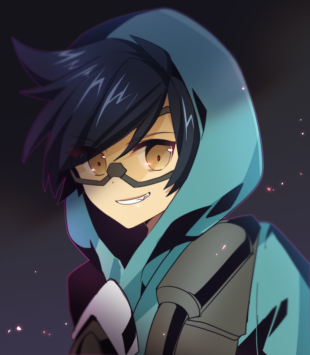 1girl, :d, alternate_costume, alternate_hair_color, atobesakunolove, bangs, black_hair, blue_hoodie, brown_eyes, eyebrows_visible_through_hair, fang, goggles, gradient, gradient_background, graffiti_tracer, grin, harness, hood, hood_up, hoodie, looking_at_viewer, open_mouth, overwatch, short_hair, smile, solo, spiky_hair, swept_bangs, teeth, tracer_(overwatch), upper_body