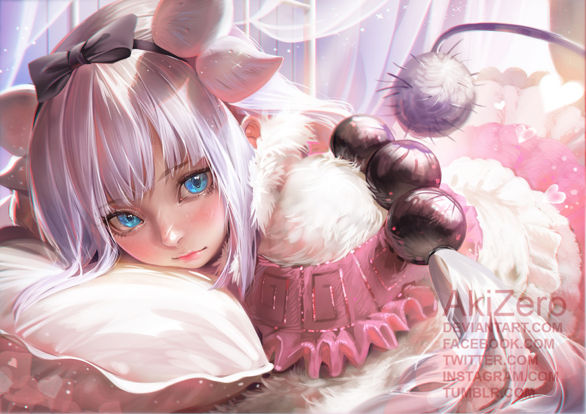 1girl, artist_name, bangs, beads, black_bow, black_hairband, blouse, blue_eyes