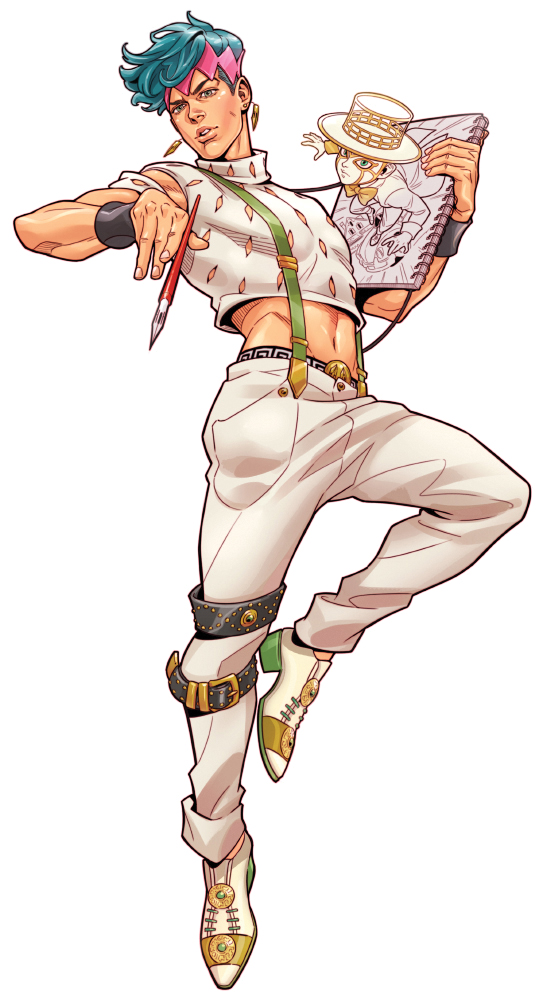 1boy, akira_atsushi, aqua_hair, belt, crop_top, earrings, full_body, headband