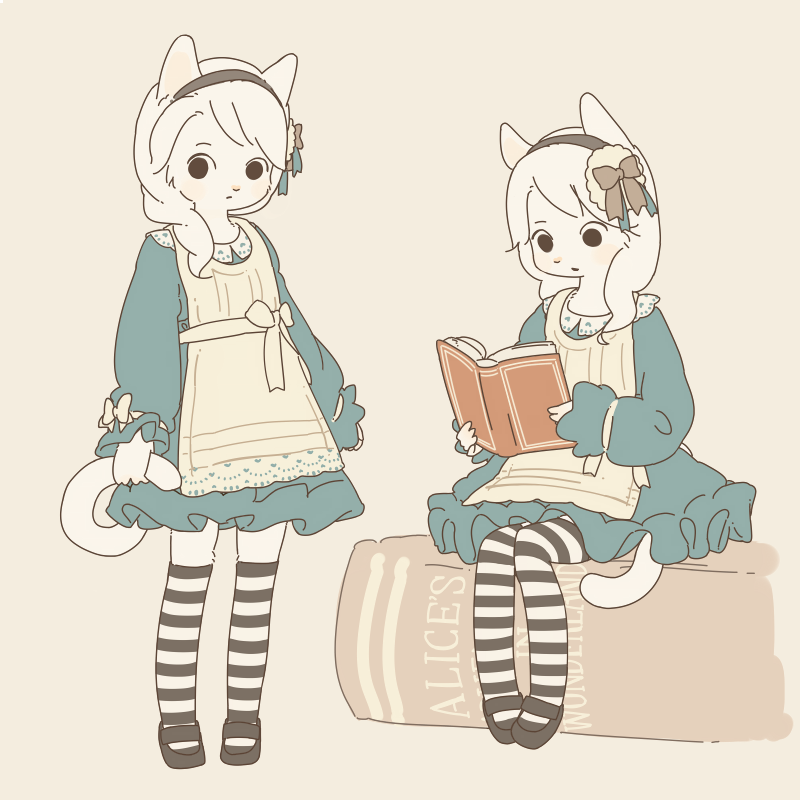 1girl, animal_ears, black_headband, black_legwear, book, bow, cat_ears, cat_tail