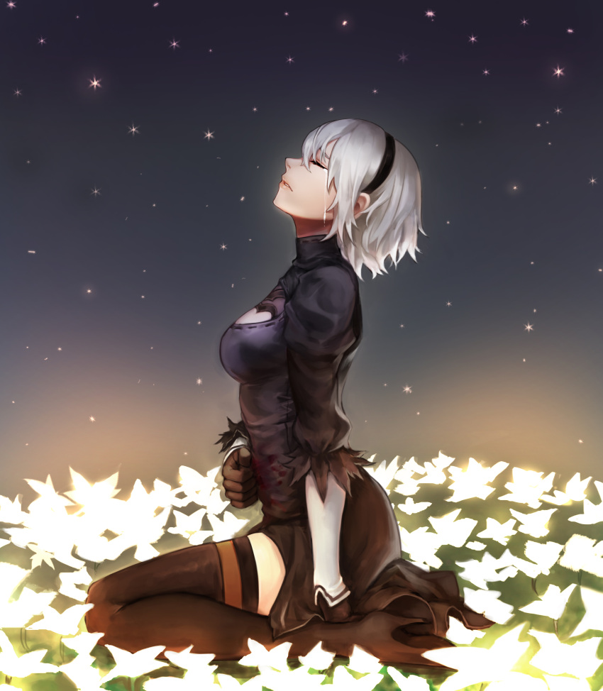 1girl, absurdres, blindfold, boots, breasts, crying, dress, field, flower, flower_field, gloves, grey_hair, high_heels, highres, medium_breasts, nier_(series), nier_automata, short_hair, sitting, solo, thigh-highs, thigh_boots, thighs, wariza, yorha_no._2_type_b, zlfnrk