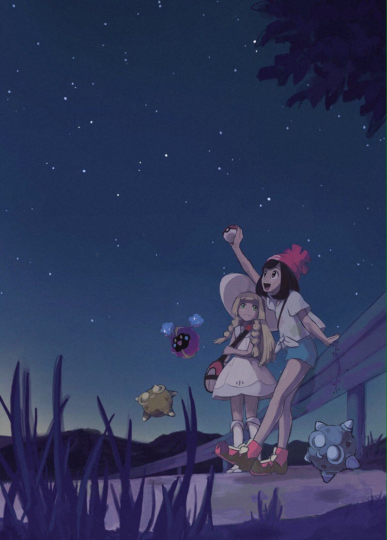2girls, bag, beanie, black_hair, blonde_hair, braid, cosmog, dress