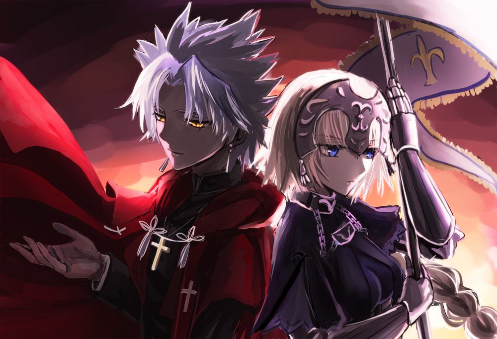 1boy, 1girl, back-to-back, blue_eyes, braid, chains, coat, cross