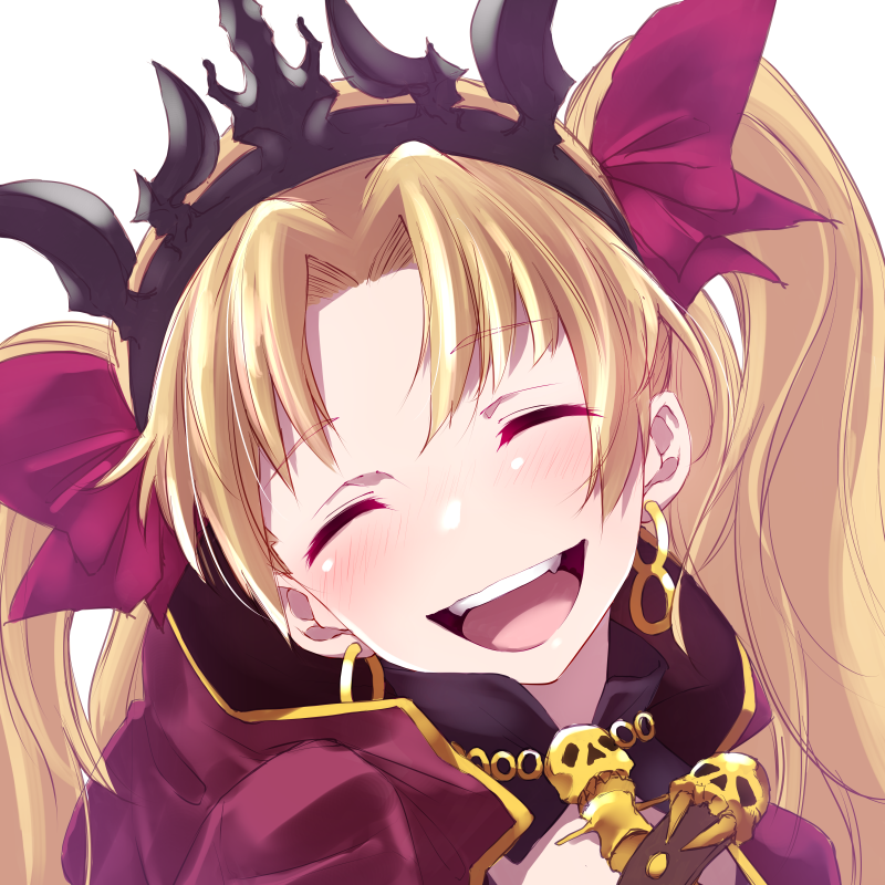 1girl, blonde_hair, blush, cape, closed_eyes, earrings, ereshkigal_(fate/grand_order), fate/grand_order, fate_(series), gyuunyuukeepaa, hair_ribbon, jewelry, long_hair, open_mouth, red_cape, red_ribbon, ribbon, skull, smile, solo, tiara, tohsaka_rin, twintails