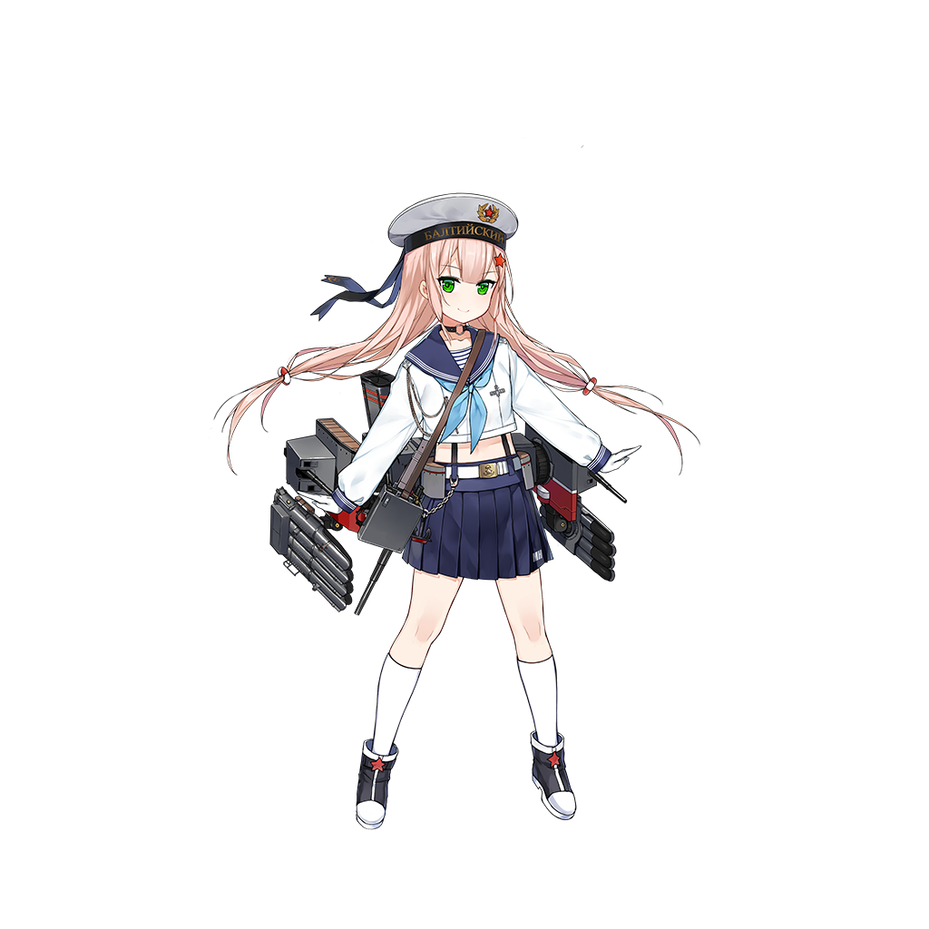 1girl, aiguillette, anchor, belt, black_ribbon, black_shoes, blue_skirt, cannon, closed_mouth, collar, collarbone, cropped_shirt, full_body, gloves, green_eyes, hair_ornament, hat, legs_apart, long_hair, long_sleeves, looking_at_viewer, low_twintails, machinery, midriff, minsk_(zhan_jian_shao_nyu), navel, official_art, pink_hair, pleated_skirt, ribbon, russian, sailor_collar, sailor_hat, sailor_shirt, shi-chen, shirt, shoes, skirt, smile, socks, solo, standing, star, star_hair_ornament, suspenders, text, torpedo, transparent_background, turret, twintails, white_belt, white_gloves, white_hat, white_legwear, white_shirt, zhan_jian_shao_nyu