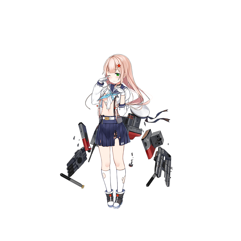 1girl, belt, black_ribbon, black_shoes, blue_skirt, blush, broken, cannon, closed_mouth, collar, convenient_censoring, cropped_shirt, crying, damaged, full_body, gloves, green_eyes, hair_down, hair_ornament, hat, hat_removed, headwear_removed, long_hair, long_sleeves, looking_at_viewer, machinery, midriff, minsk_(zhan_jian_shao_nyu), navel, official_art, one_eye_closed, pigeon-toed, pink_hair, pleated_skirt, ribbon, sailor_collar, sailor_hat, sailor_shirt, shi-chen, shirt, shoes, skirt, socks, solo, standing, star, star_hair_ornament, suspenders, tears, torn_clothes, torpedo, transparent_background, turret, white_belt, white_gloves, white_hat, white_legwear, white_shirt, wiping_tears, zhan_jian_shao_nyu