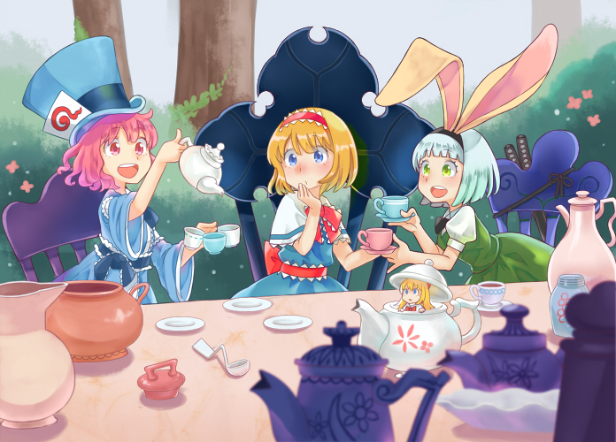 4girls, :d, alice_in_wonderland, alice_margatroid, animal_ears, blonde_hair, blue_eyes, bogyaku_no_m, bush, capelet, chair, cosplay, cup, dress, green_eyes, hairband, hand_on_own_cheek, hat, konpaku_youmu, lily_white, mad_hatter, mad_hatter_(cosplay), march_hare, march_hare_(cosplay), minigirl, multiple_girls, namesake, open_mouth, pink_eyes, pink_hair, pouring, rabbit_ears, saigyouji_yuyuko, sitting, smile, teacup, teapot, top_hat, touhou, tree, white_hair