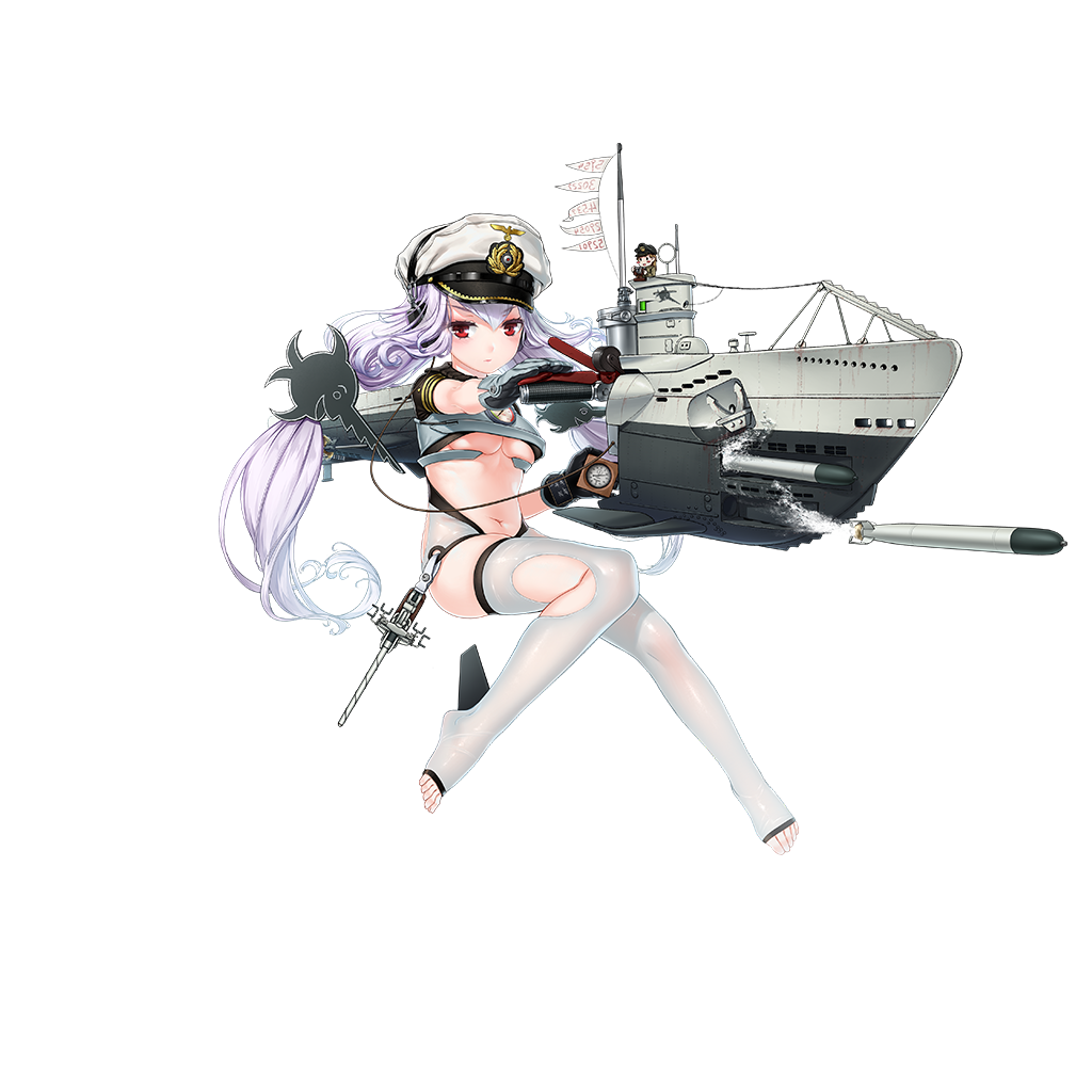 1girl, anchor, black_gloves, breasts, cleavage, closed_mouth, eyebrows_visible_through_hair, full_body
