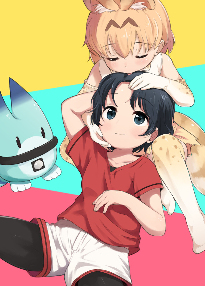 2girls, animal_ears, animal_print, aqua_background, arm_behind_head, bangs_pinned_back, bare_shoulders, black_eyes