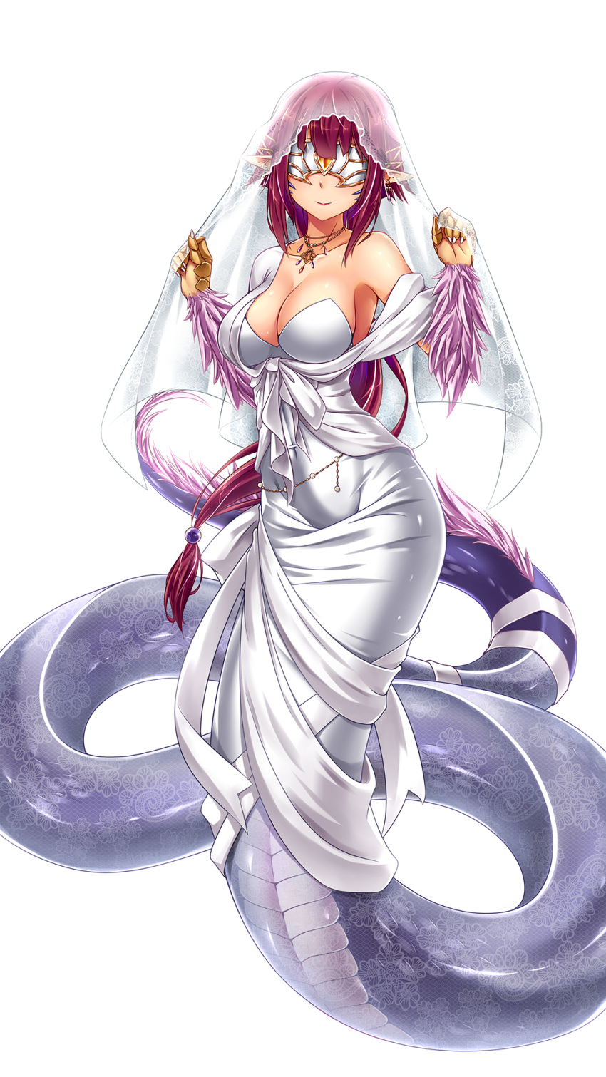 1girl, basilisk_(monster_girl_encyclopedia), blindfold, breasts, bridal_veil, cleavage, covered_eyes, dress, earrings, highres, jewelry, lamia, midnight_(banyex), monster_girl, monster_girl_encyclopedia, necklace, off_shoulder, pantyhose, pointy_ears, redhead, scales, simple_background, smile, solo, strapless, strapless_dress, veil, wedding_dress