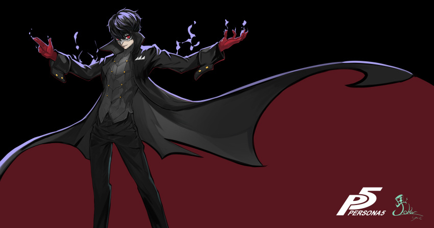 1boy, absurdres, black_hair, copyright_name, gloves, hat, highres, kurusu_akira, looking_at_viewer, male_focus, mask, persona, persona_5, short_hair, simple_background, smile, solo, xq