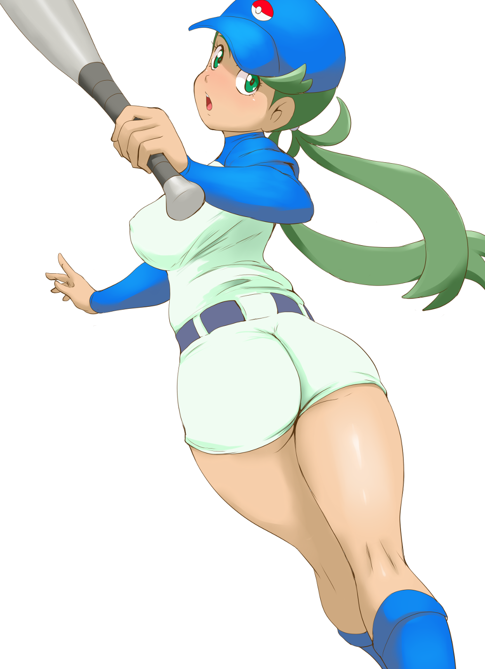 1girl, ass, baseball_bat, baseball_cap, baseball_uniform, belt, blush, breasts, dark_skin, from_behind, green_eyes, green_hair, hat, highres, legs, long_sleeves, looking_at_viewer, looking_back, mallow_(pokemon), medium_breasts, open_mouth, pokemon, pokemon_(anime), pokemon_sm_(anime), shorts, sideboob, simple_background, solo, sportswear, thighs, tof, twintails, white_background