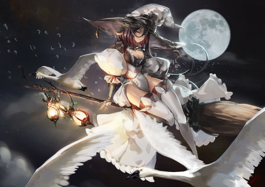 1girl, arm_ribbon, bamuth, bangs, bird, boots, breasts, broom, brown_legwear, cleavage, closed_mouth, clouds, cloudy_sky, commentary, dress, flying, frills, full_moon, gloves, goose, hair_between_eyes, hat, highleg, highleg_dress, highres, lantern, large_breasts, long_hair, looking_at_viewer, midair, moon, night, original, outdoors, partly_fingerless_gloves, pink_eyes, pink_ribbon, puffy_short_sleeves, puffy_sleeves, ribbon, short_sleeves, showgirl_skirt, sitting_on_broom, sky, smile, solo, thigh-highs, thigh_boots, vambraces, violet_eyes, white_boots, white_gloves, witch_hat