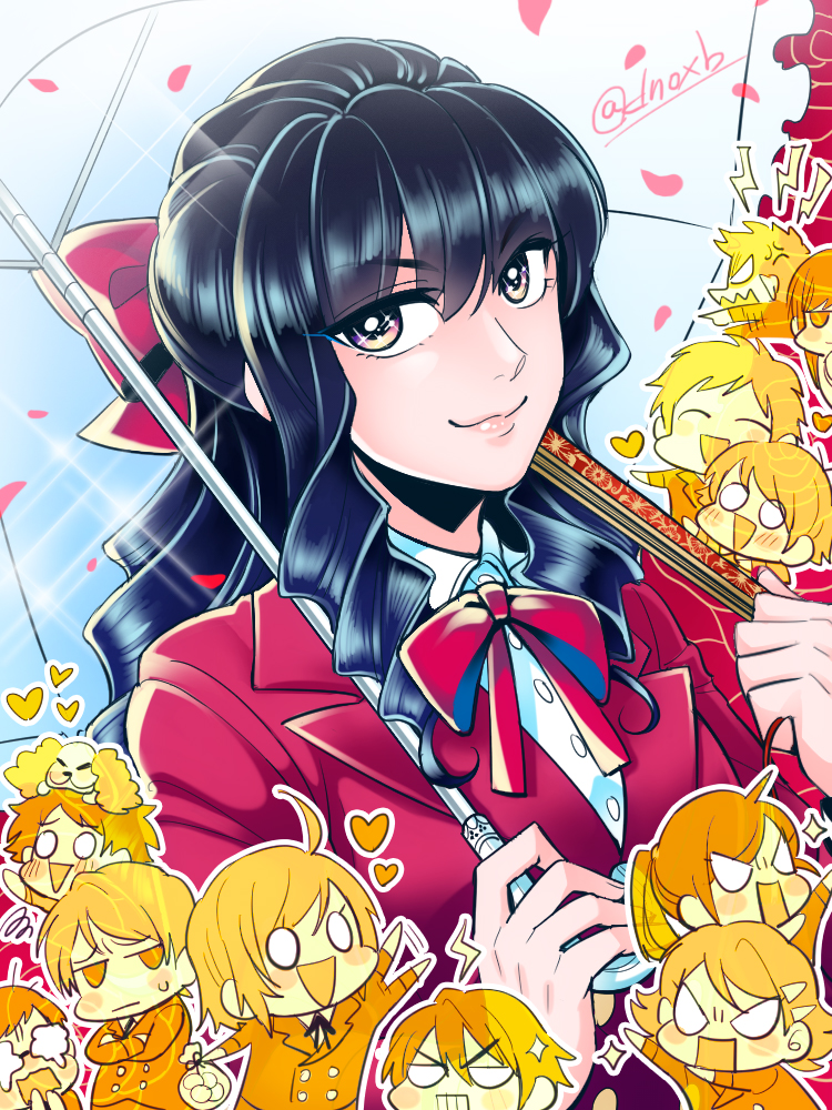 5girls, 6+boys, ahoge, anger_vein, beatrice_(kenkyo_kenjitsu), black_hair, brothers, chibi