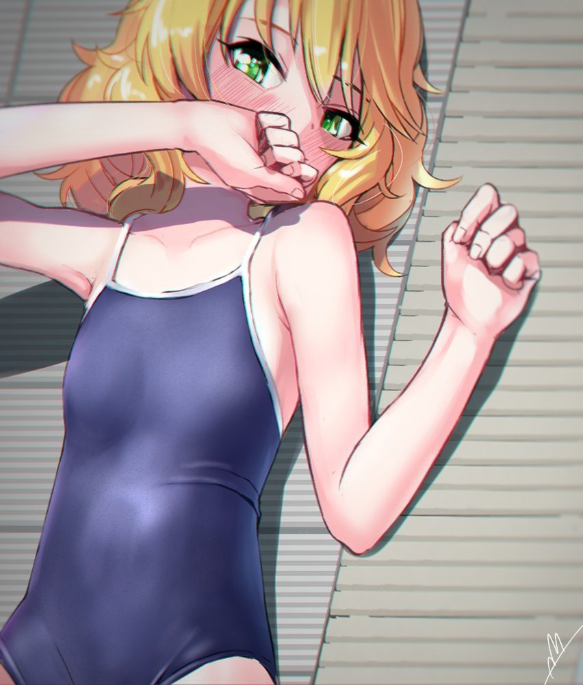 1girl, blonde_hair, blush, covering_mouth, flat_chest, green_eyes, idolmaster, idolmaster_cinderella_girls