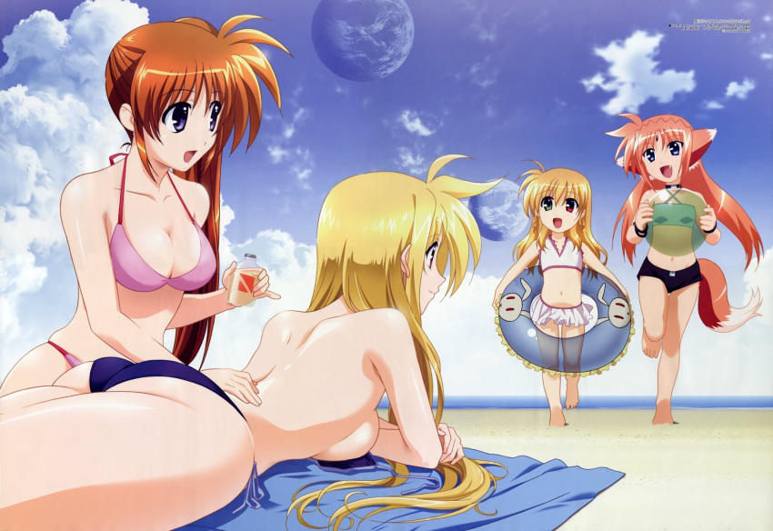 alph, animal_ears, ass, beach, bikini, blonde_hair, blue_eyes, breasts, brown_hair, cleavage, duplicate, fate_testarossa, flat_chest, fox_ears, fox_tail, happy, long_hair, lotion, mahou_shoujo_lyrical_nanoha, mahou_shoujo_lyrical_nanoha_strikers, red_eyes, side_ponytail, swimsuit, tail, takamachi_nanoha, vivio, wallpaper