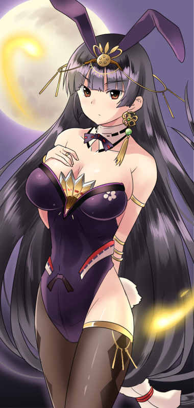 1girl, animal_ears, armlet, asymmetrical_legwear, bangs, bare_shoulders, black_hair, black_legwear, black_leotard, blunt_bangs, blush, bracelet, breasts, brown_eyes, bunny_girl, bunnysuit, cleavage, cowboy_shot, detached_collar, earrings, fake_animal_ears, flower_knight_girl, full_moon, himeshara_(flower_knight_girl), ishizu_kayu, jewelry, large_breasts, leotard, long_hair, looking_at_viewer, moon, pantyhose, rabbit_ears, solo, thigh-highs, very_long_hair