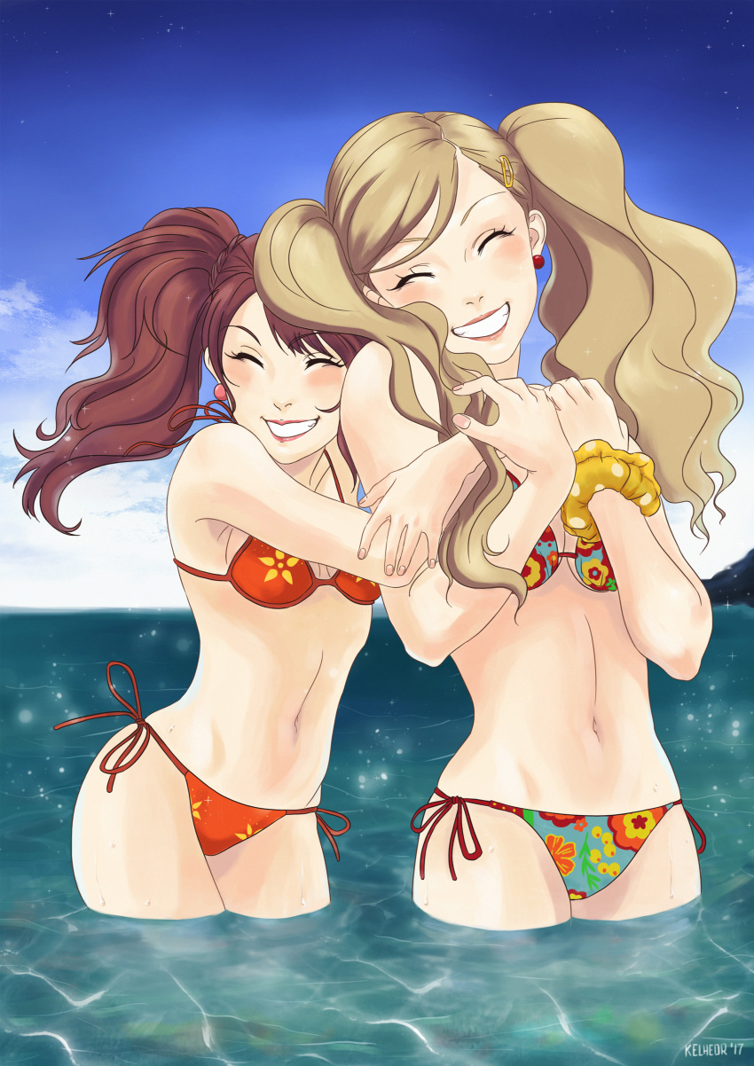 2girls, absurdres, artist_name, atlus, beach, bikini, blonde_hair, blush