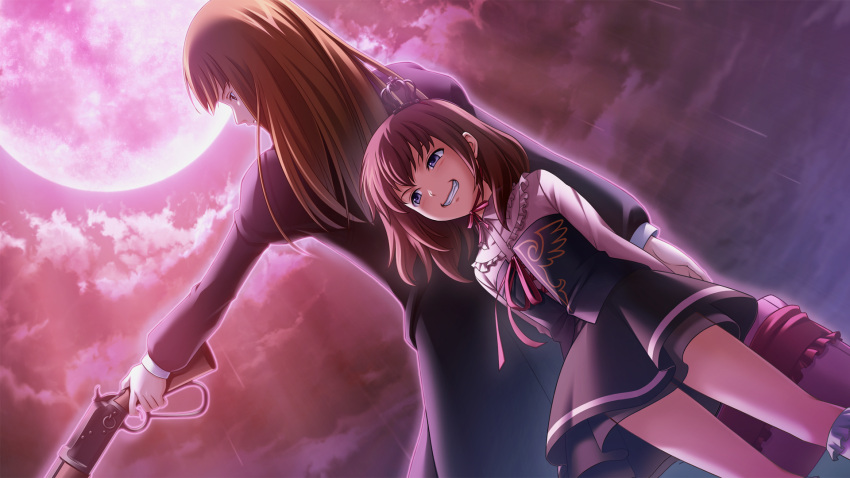 2girls, bangs, brown_hair, crown, dutch_angle, grin, gun, highres, long_hair, mini_crown, mother_and_daughter, multiple_girls, ribbon, rifle, skirt, smile, twilight_of_the_golden_witch, umineko_no_naku_koro_ni, ushiromiya_maria, ushiromiya_rosa, weapon