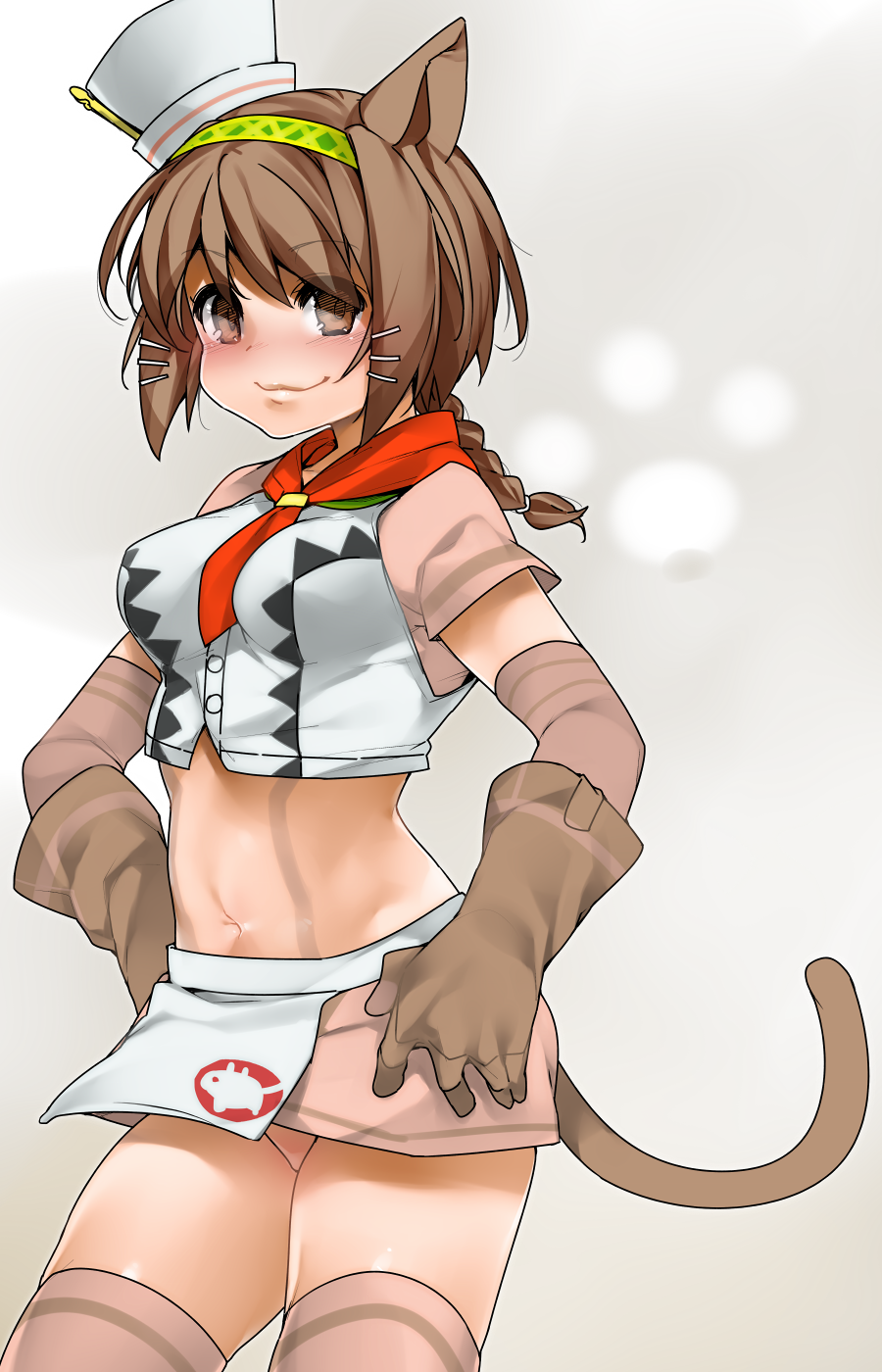 :3, blush, body_markings, braid, brown_eyes, brown_hair, elbow_gloves, gloves