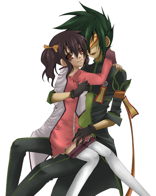 1girl, anise_tatlin, bad_id, brown_eyes, brown_hair, gloves, green_hair, kiseri, mask, sitting, sitting_on_lap, sitting_on_person, sync, tales_of_(series), tales_of_the_abyss, thighhighs, you_gonna_get_raped