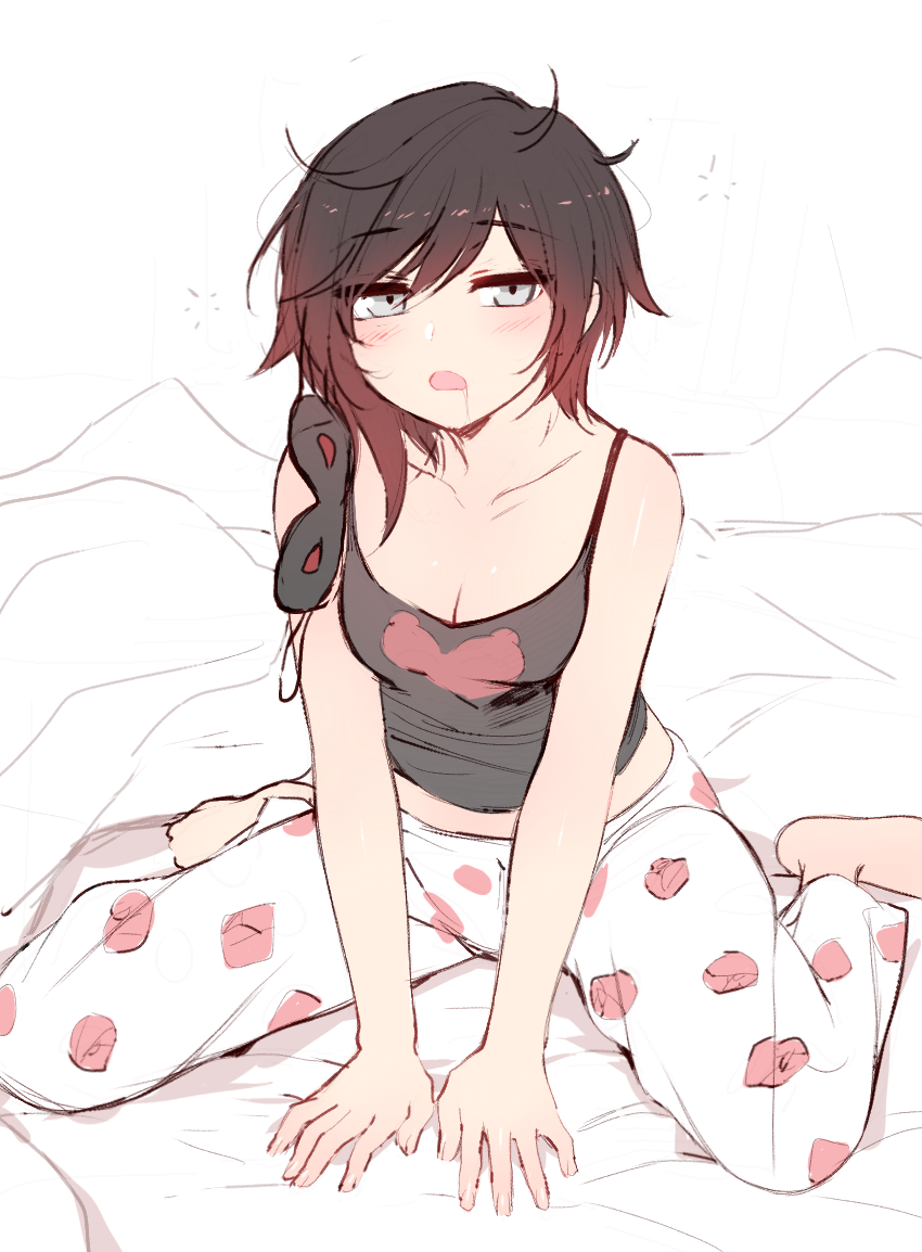1girl, bare_shoulders, bed, bed_sheet, black_hair, blush, breasts, cleavage, drooling, feet, floral_print, full_body, gradient_hair, grey_eyes, half-closed_eyes, looking_at_viewer, medium_breasts, messy_hair, navel, ndgd_(bean1215), on_bed, open_mouth, pajamas, redhead, ruby_rose, rwby, saliva, seiza, short_hair, simple_background, sitting, sleep_mask, sleepwear, solo, tank_top, white_background