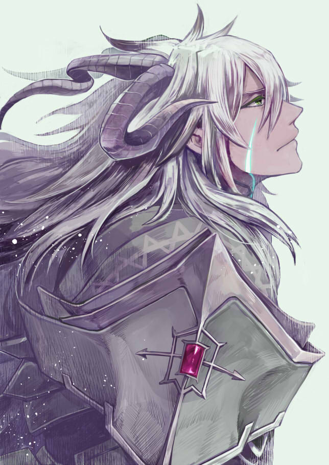 1boy, apomapoko, armor, dark_skin, fate/apocrypha, fate/grand_order, fate_(series), green_eyes, long_hair, male_focus, platinum_blonde, saber_of_black, solo, white_hair