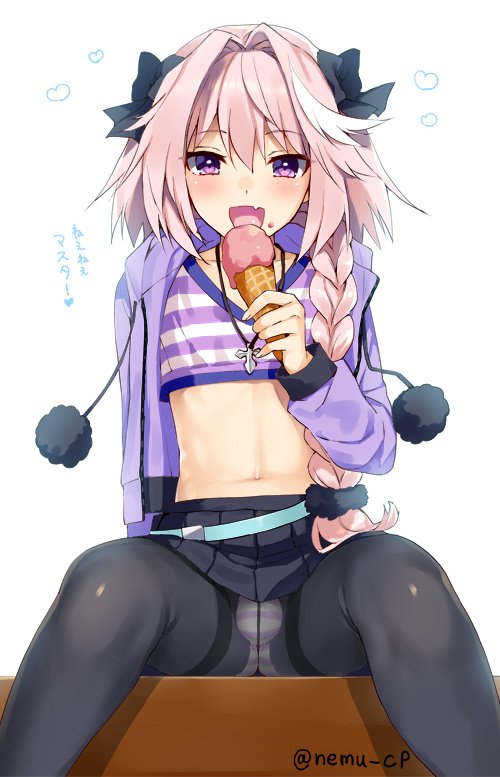 1boy, blush, braid, fate/apocrypha, fate_(series), food, hair_ribbon, ice_cream