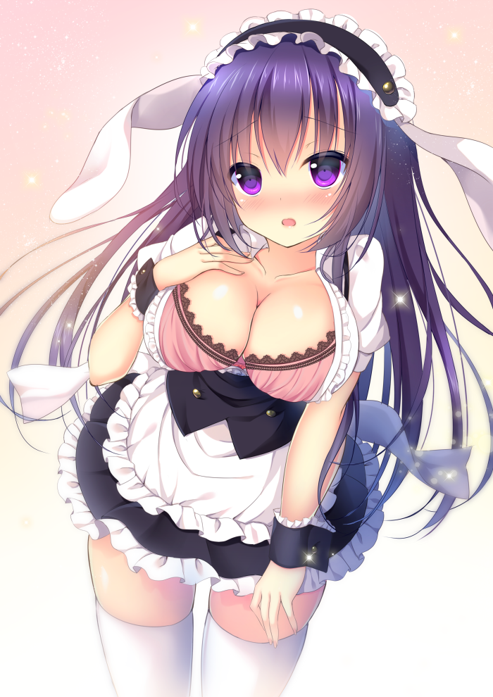 1girl, :o, animal_ears, apron, arms_at_sides, bangs, blush, bra
