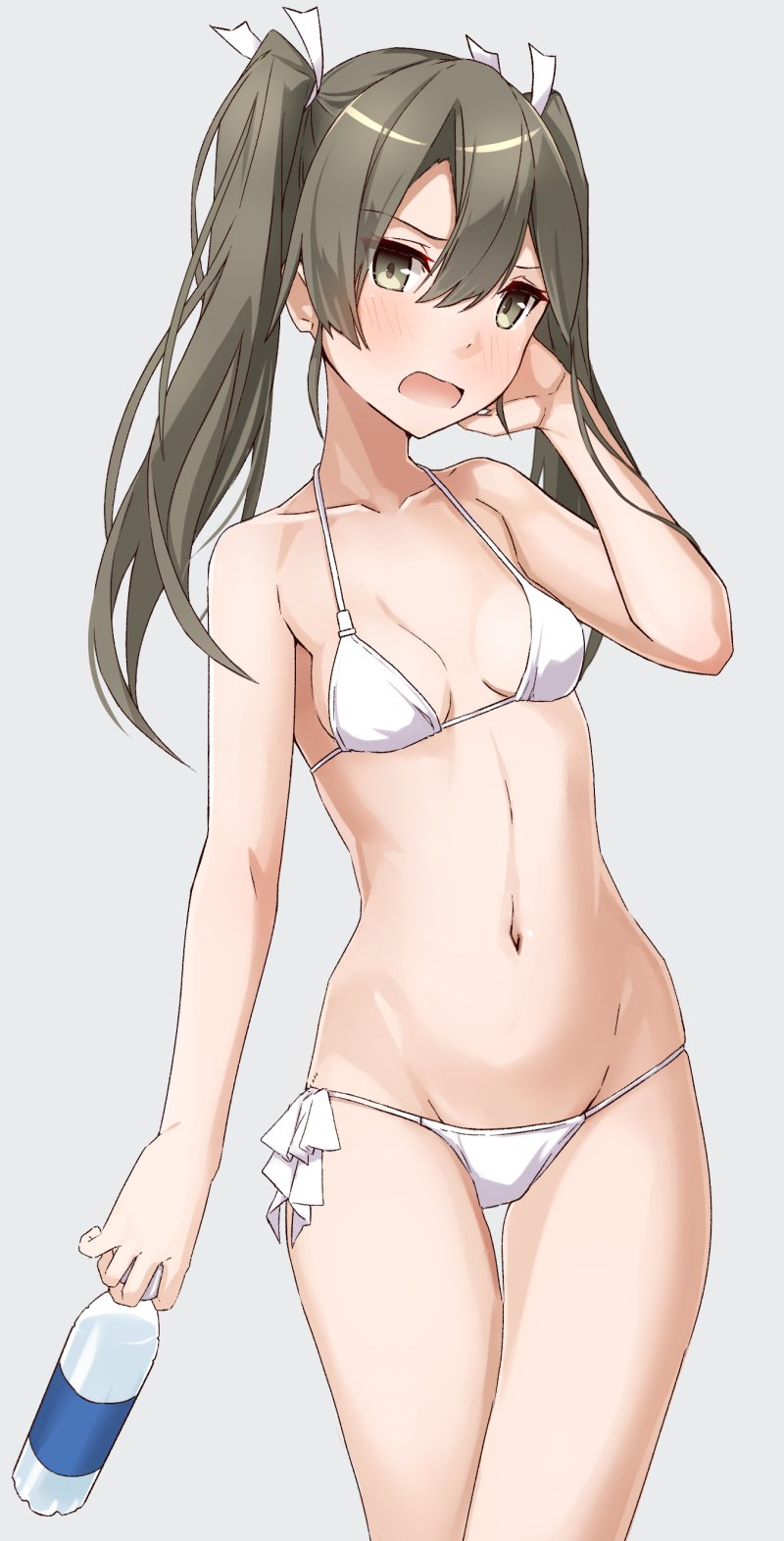 1girl, bikini, bottle, breasts, collarbone, grey_background, grey_hair, hand_in_hair