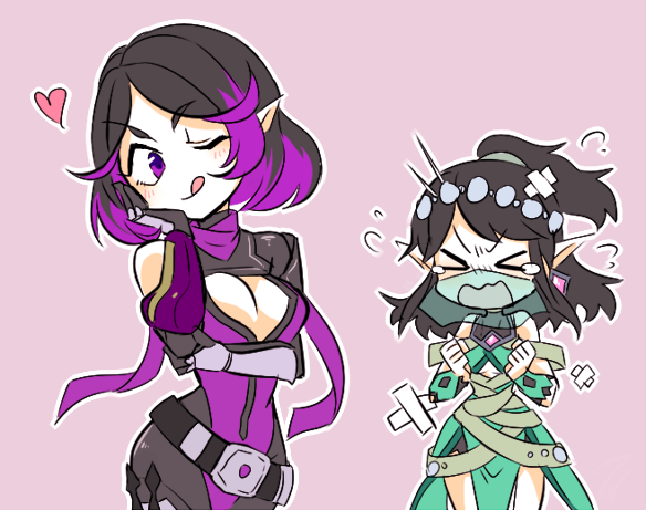 >_<, 2girls, :p, angry, arm_support, bandage, belt, bodysuit