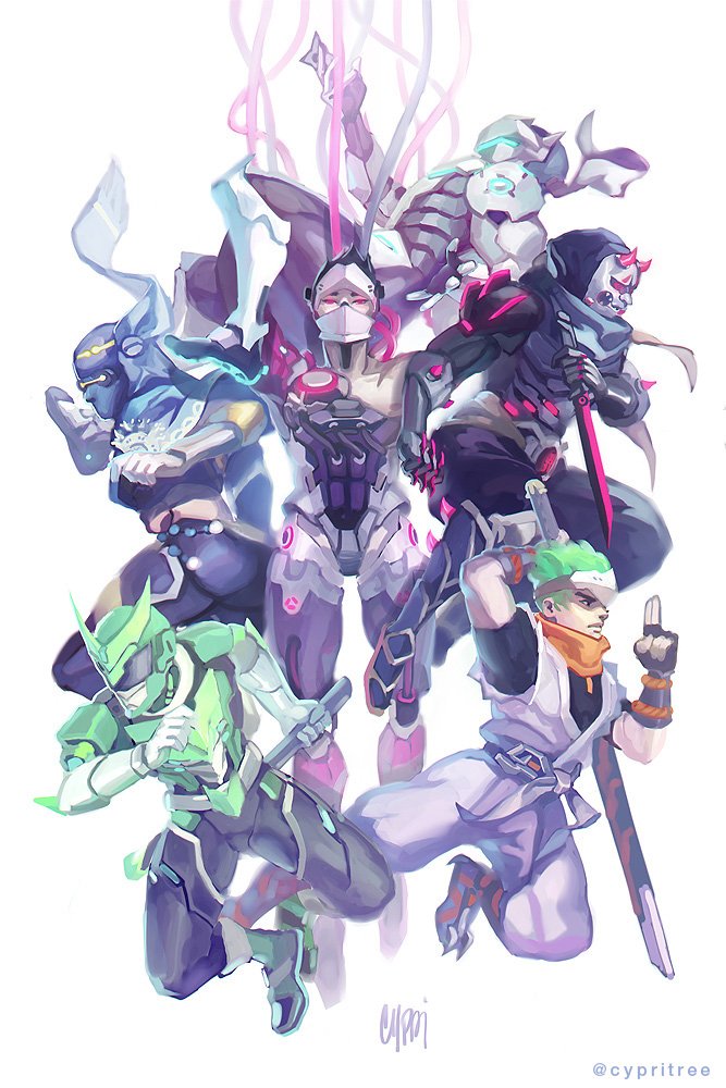 6+boys, alternate_costume, bedouin_genji, blackwatch_genji, bonnie_tang, cyborg, forehead_protector, genji_(overwatch), green_hair, multiple_boys, multiple_persona, oni_genji, oni_horns, overwatch, power_armor, sentai, sentai_genji, sword, twitter_username, weapon, young_genji, younger