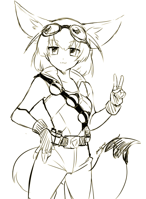1girl, :3, animal_ears, belt, cosplay, fennec_(kemono_friends), fingerless_gloves, flask, gloves, goggles, goggles_on_head, hand_on_hip, kemono_friends, monochrome, nanashiba, paladins, pip_(paladins), short_hair, sleeveless, tail, v, white_background